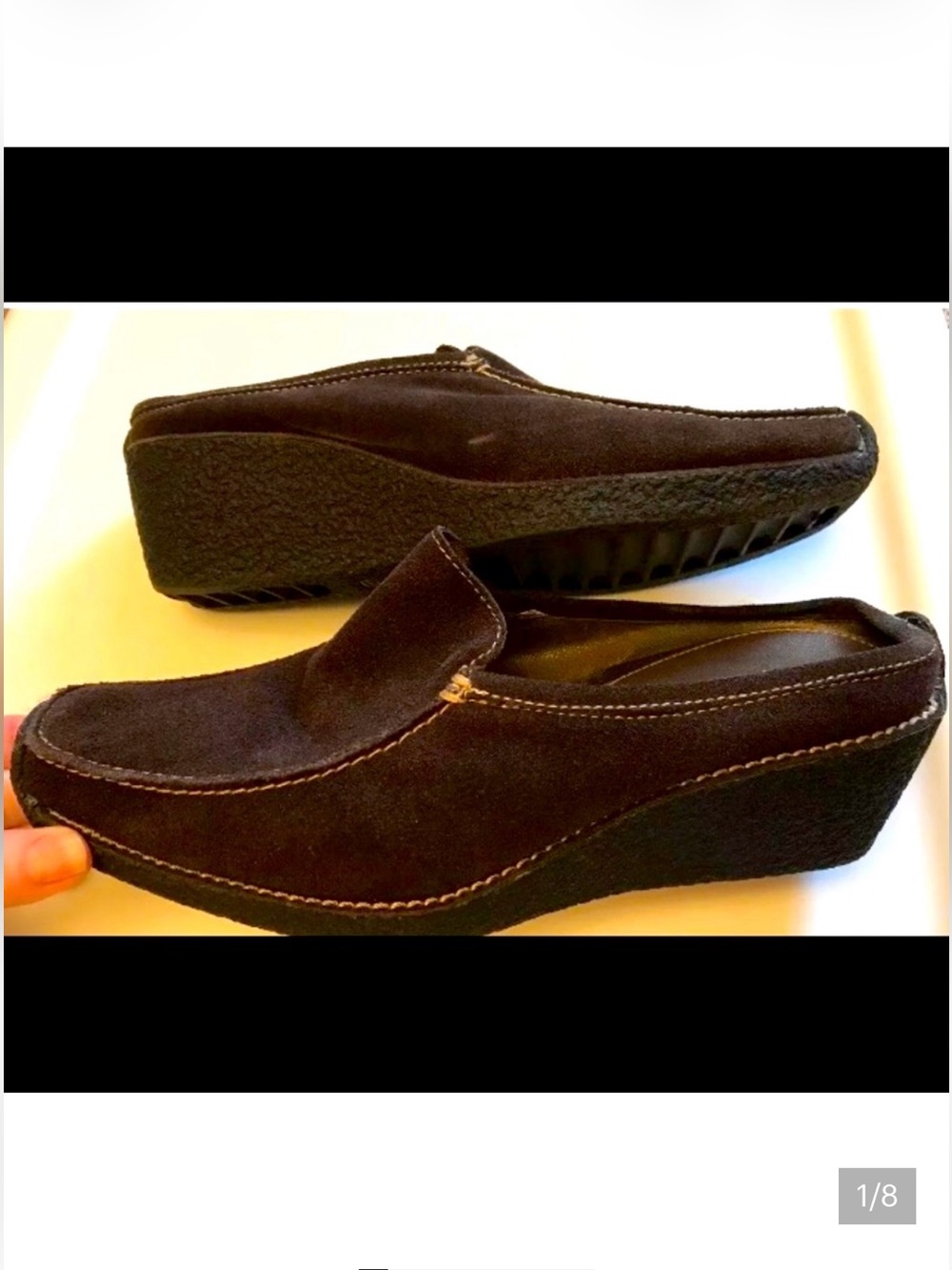 SPORTO Size 8-1/2 size 8.5 Brown Stitched Suede Leather 3" Wedge Slides Mules